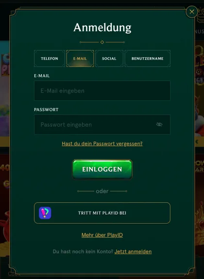 Casinia Login Ansicht mit E-Mail und Passwort Feldern