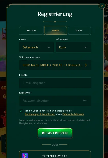 Casinia Registrierungsansicht mit E-Mail Auswahl